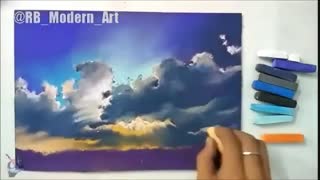 نقاشی بسیار زیبای غروب آفتاب با پاستل گچی